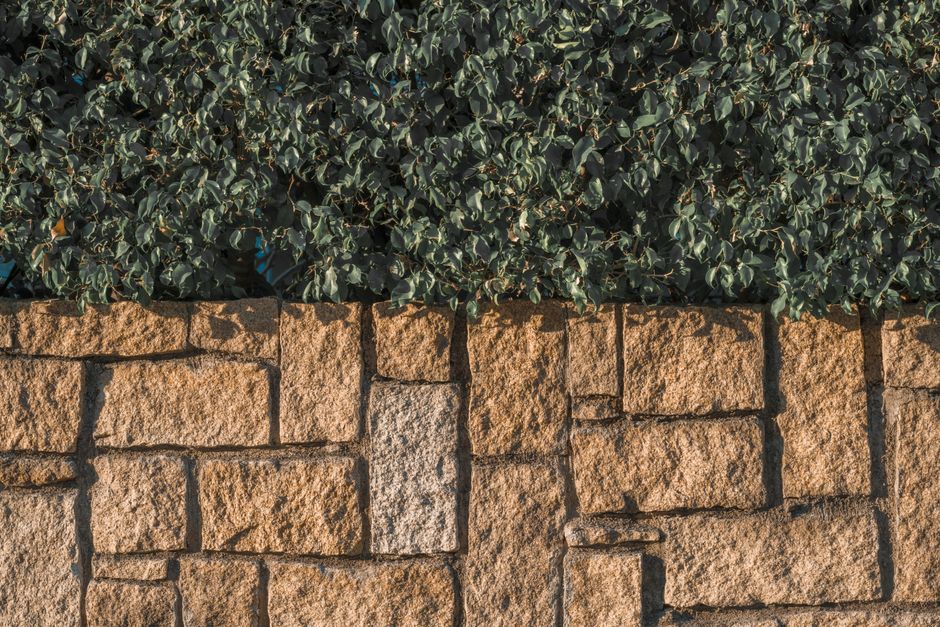 Stone block retaining wall with lush green plants above, retaining wall construction in Fresno & Clovis CA
